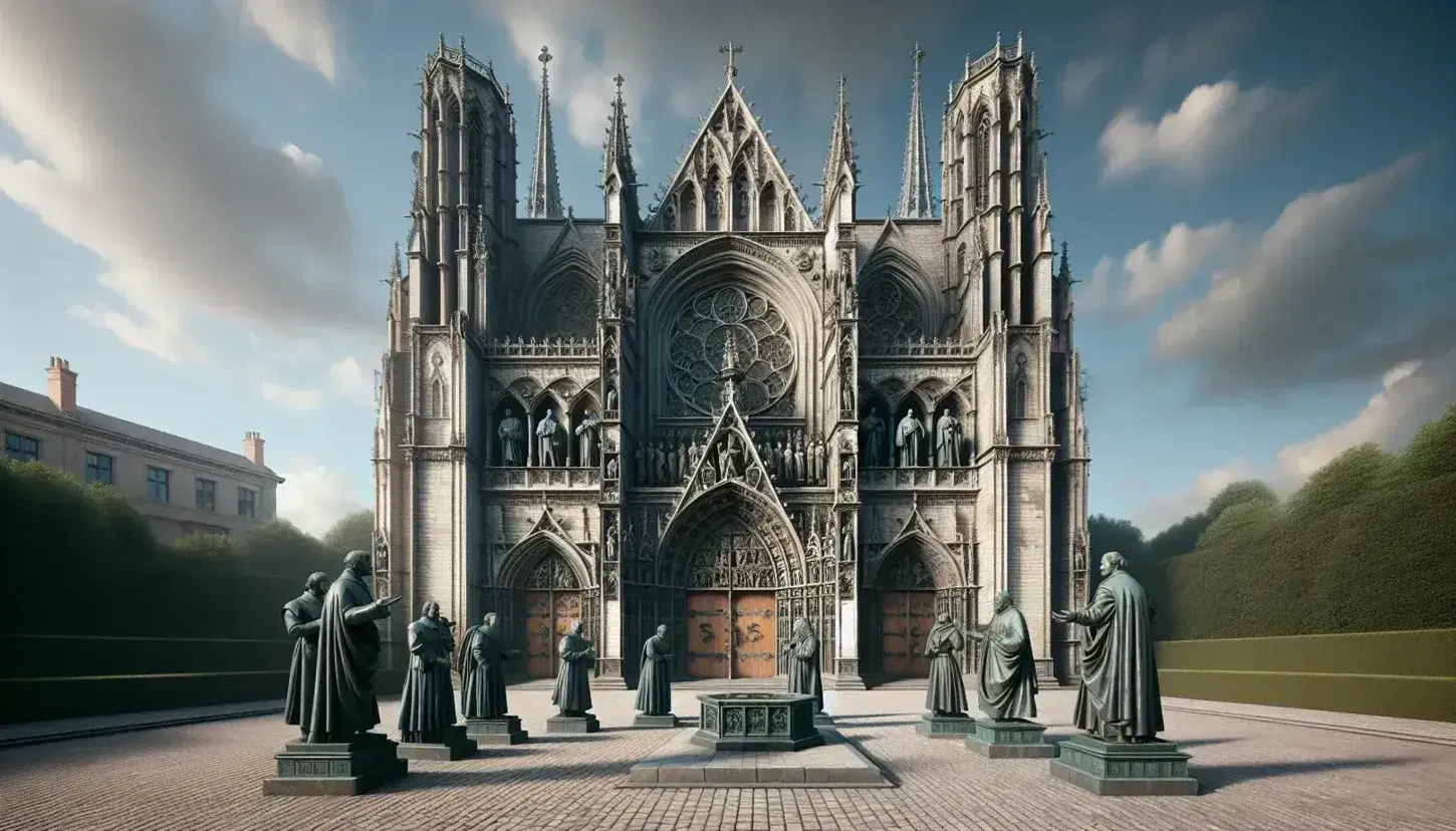 Gothic cathedral with twin spires and flying buttresses under a clear blue sky, surrounded by bronze statues in a cobblestone plaza at dawn.