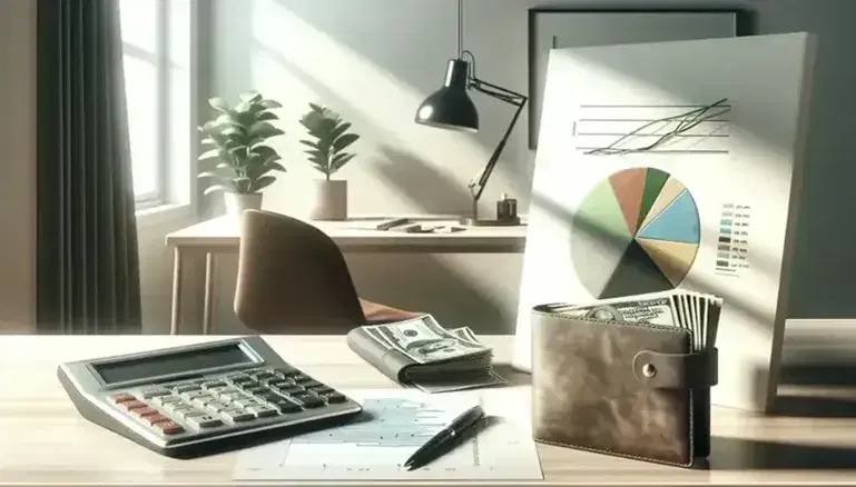 Ufficio moderno con scrivania in legno chiaro, calcolatrice grigia, grafico a torta colorato, portafoglio con banconote e foglio con grafico lineare.
