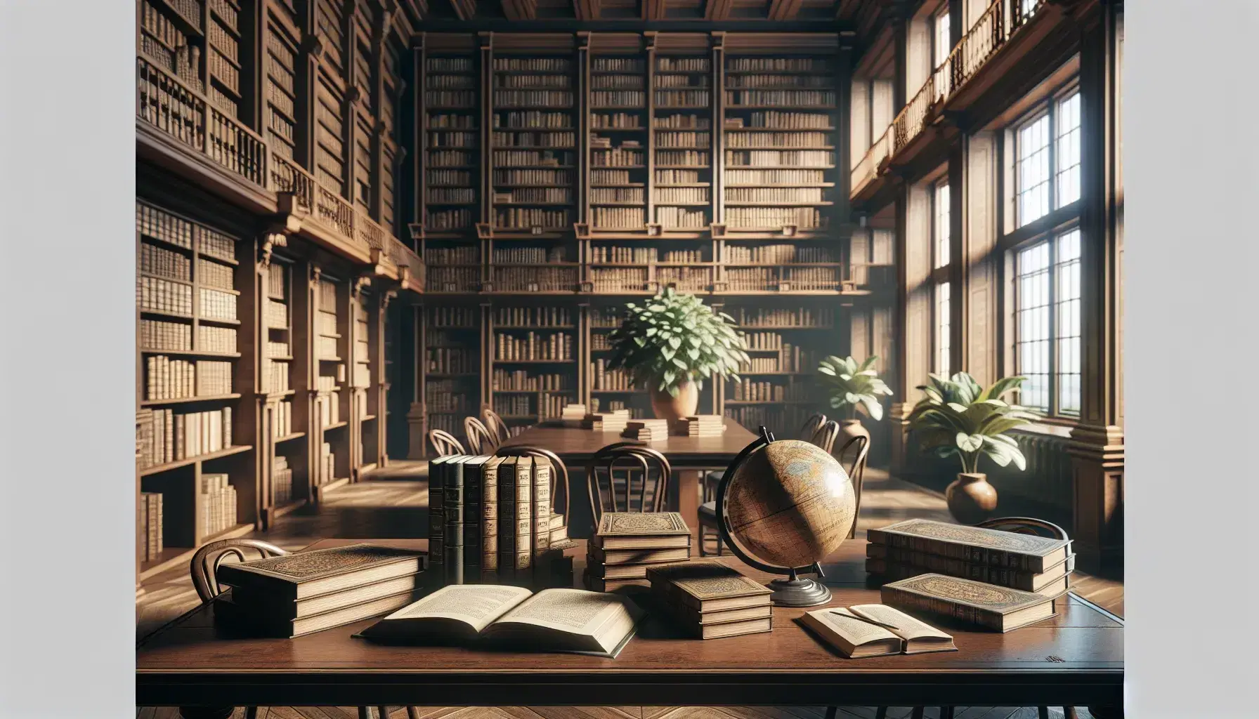 Biblioteca espaciosa con estanterías de madera llenas de libros, mesa central con libros abiertos, globo antiguo y planta, iluminada por luz natural.