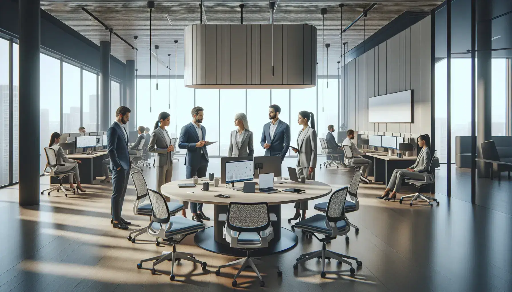 Grupo de profesionales trabajando en oficina moderna con mesa redonda, estaciones de trabajo y decoración en tonos neutros y azules, reflejando colaboración y dinamismo.