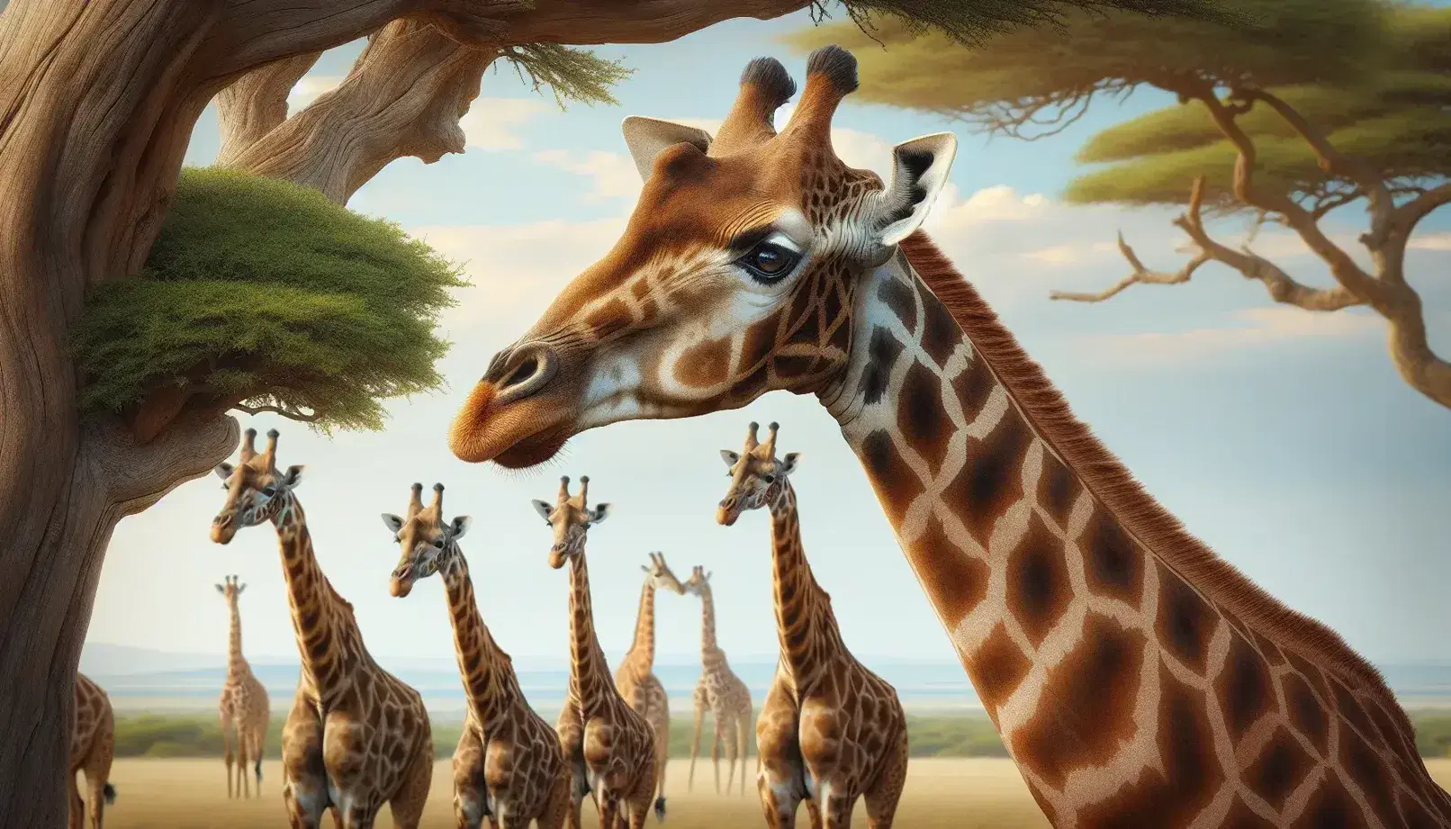 Girafa adulta alimentándose de hojas verdes con su larga lengua en la sabana africana, con otras dos girafas al fondo y cielo azul con nubes.