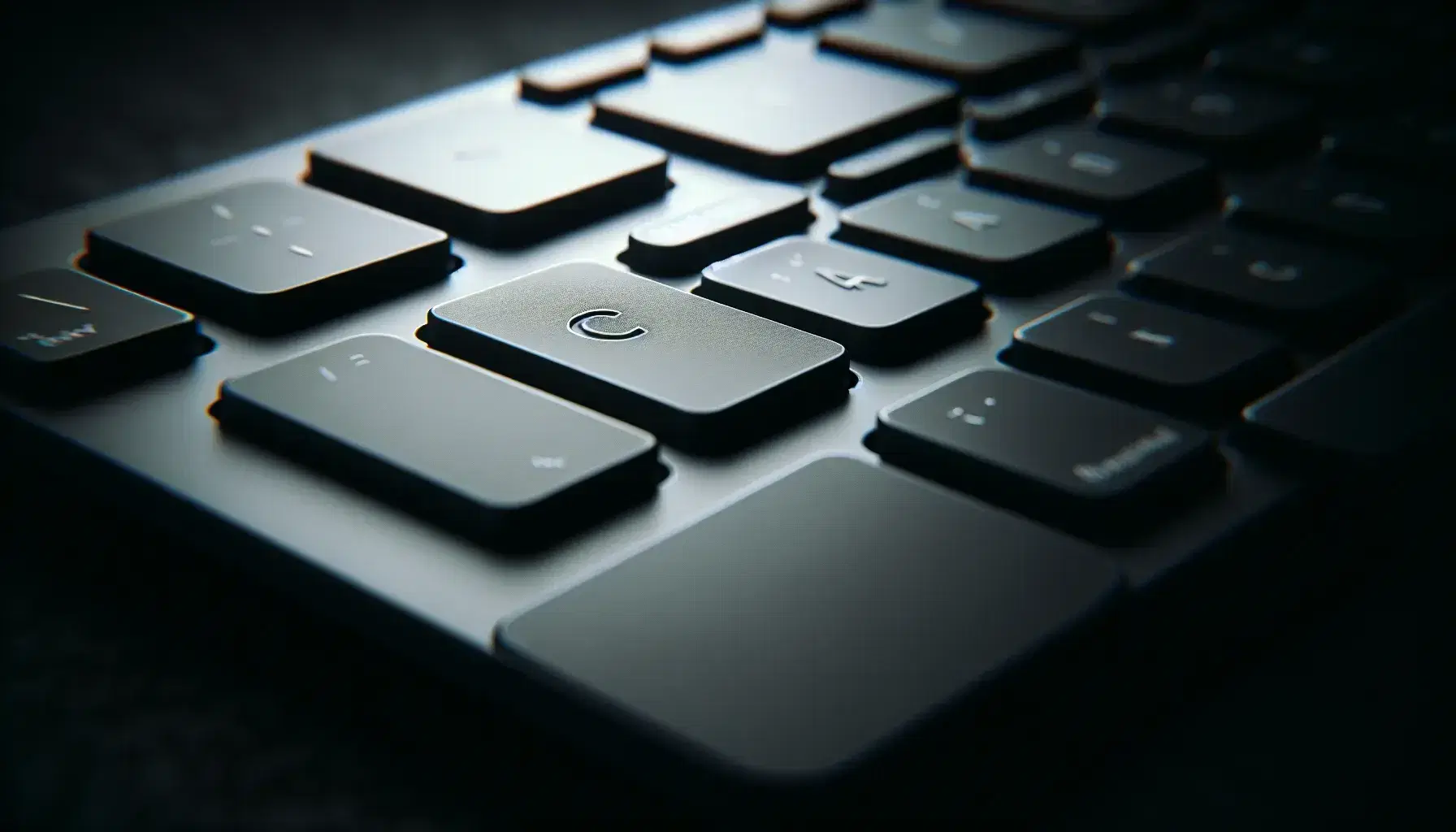 Close-up of a computer keyboard with matte black keys, soft light reflections and focus on the 'C' key without markings.