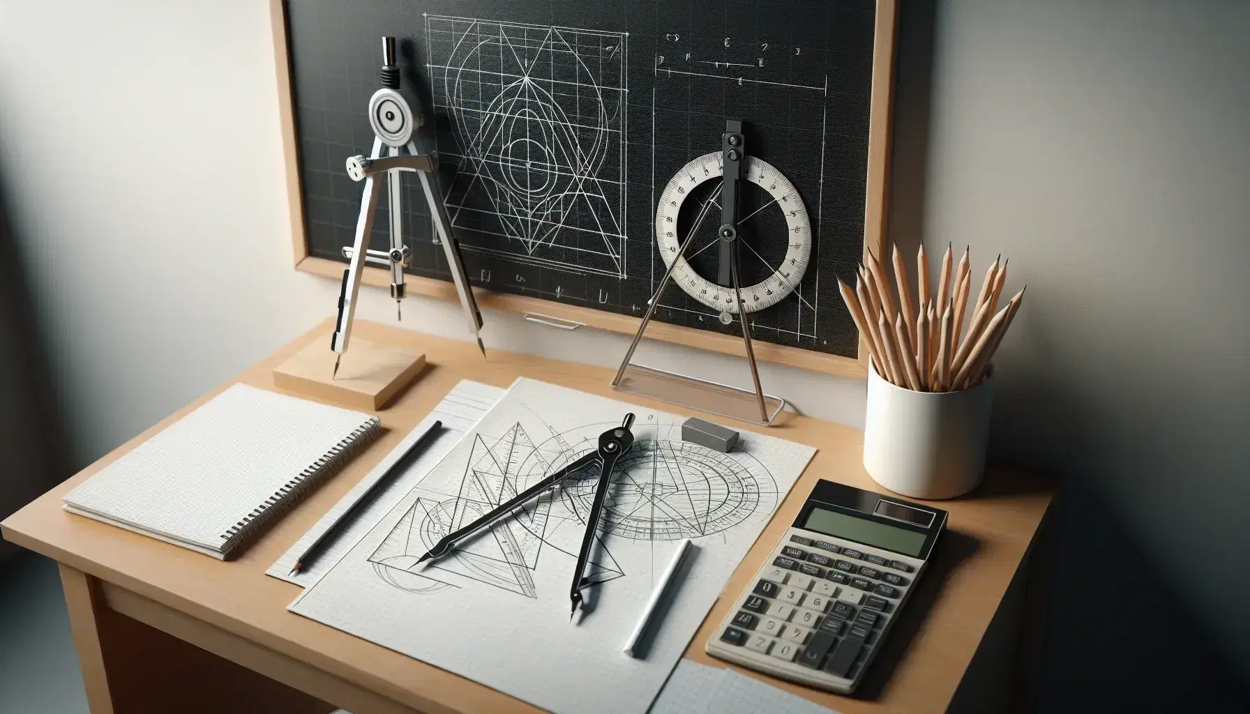 Organized desk with drafting tools including a compass, protractor, graph paper with geometric shapes, simple calculator, wooden pencils, and a clean chalkboard with chalk and eraser.