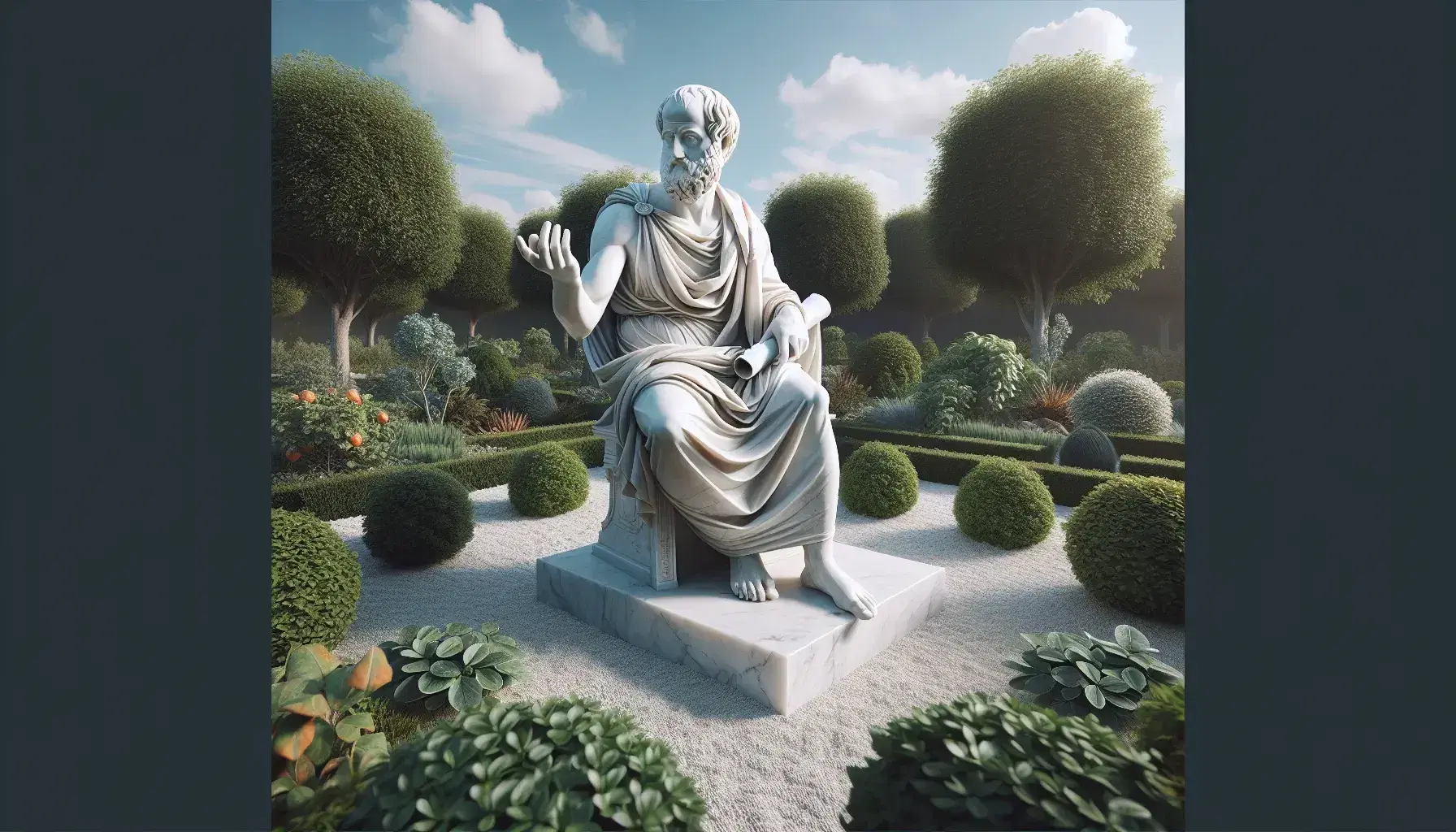 Statua in marmo di Aristotele seduto in giardino, mano destra alzata e sinistra con rotolo, sotto cielo azzurro senza nuvole.