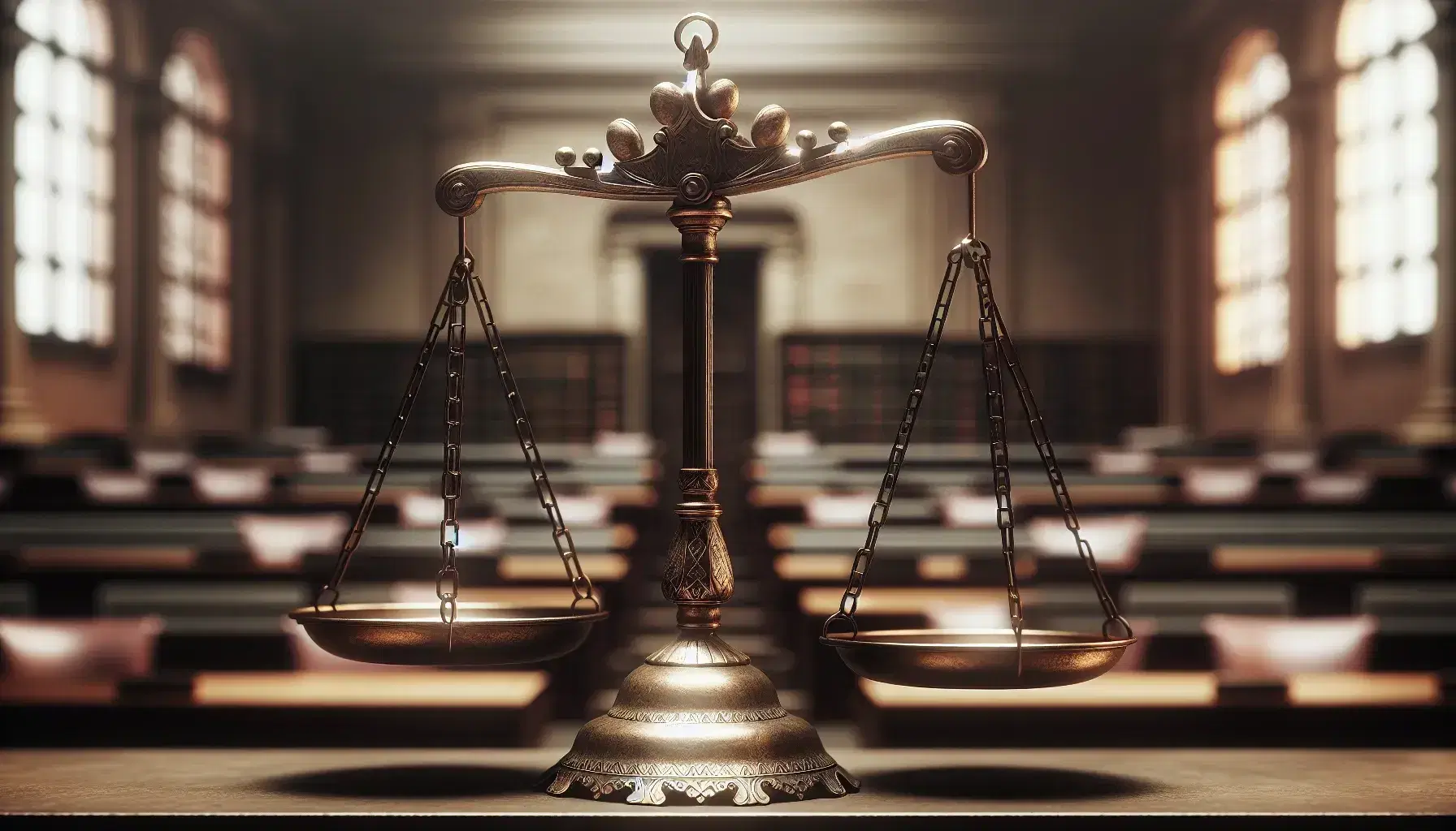 Bilancia antica in equilibrio con piatti in metallo lucido su sfondo sfocato che evoca un'aula di tribunale.