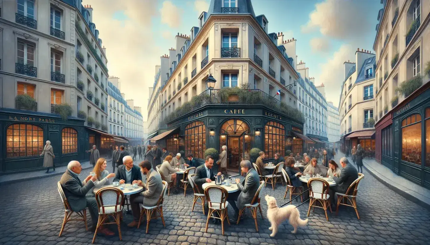 Vibrant French café scene in Paris with a diverse group at an iron table with coffee cups and a red rose, Haussmannian backdrop, cobblestone street.