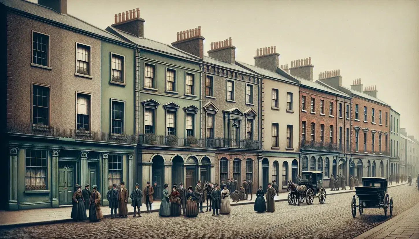 Historical Dublin street scene with cobblestones, traditional Irish buildings, period-dressed locals, and a horse-drawn cart under an overcast sky.