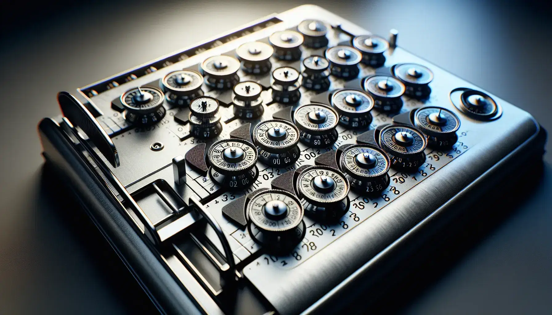 Close-up view of a vintage mechanical calculator with multiple numbered dials and a side lever on a brushed metallic background.
