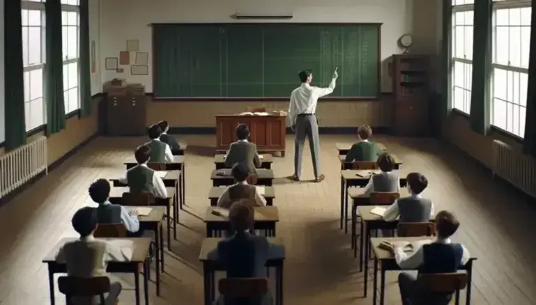 Aula scolastica con insegnante in camicia bianca e pantaloni grigi davanti a lavagna verde, studenti attenti seduti ai banchi, finestra aperta sul lato.