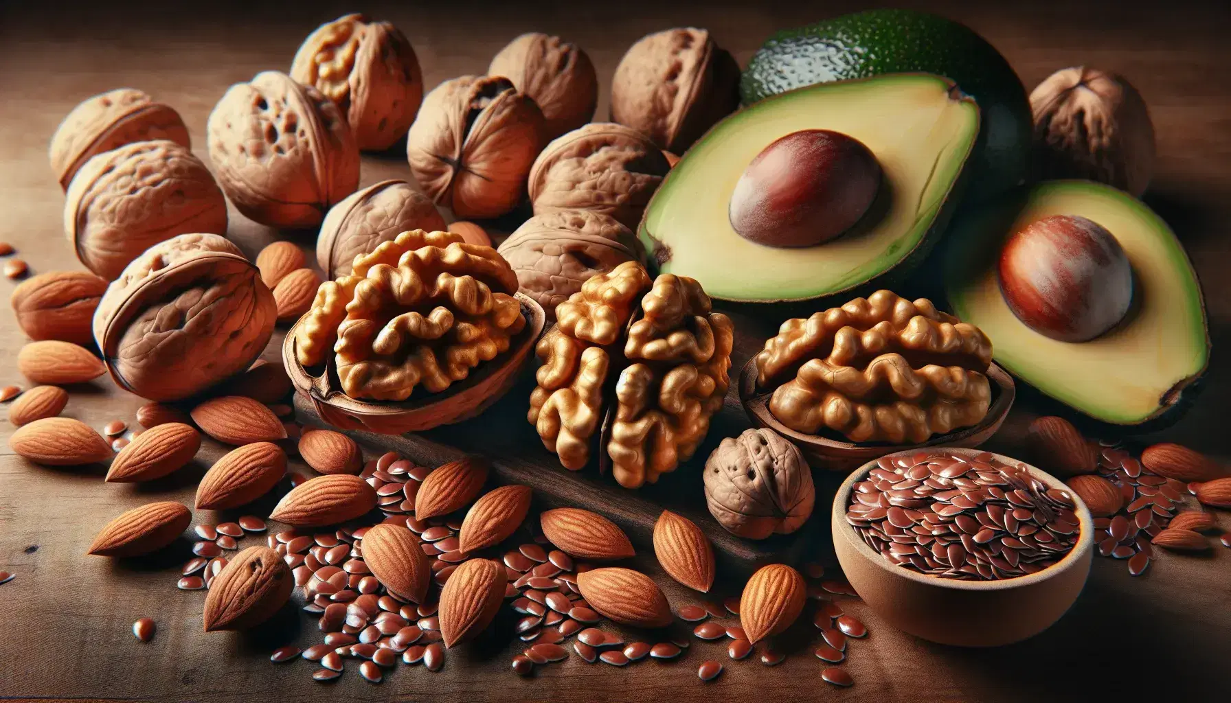 Partially opened nuts, shiny flaxseeds, brown almonds and pitted avocado halves on wooden surface.