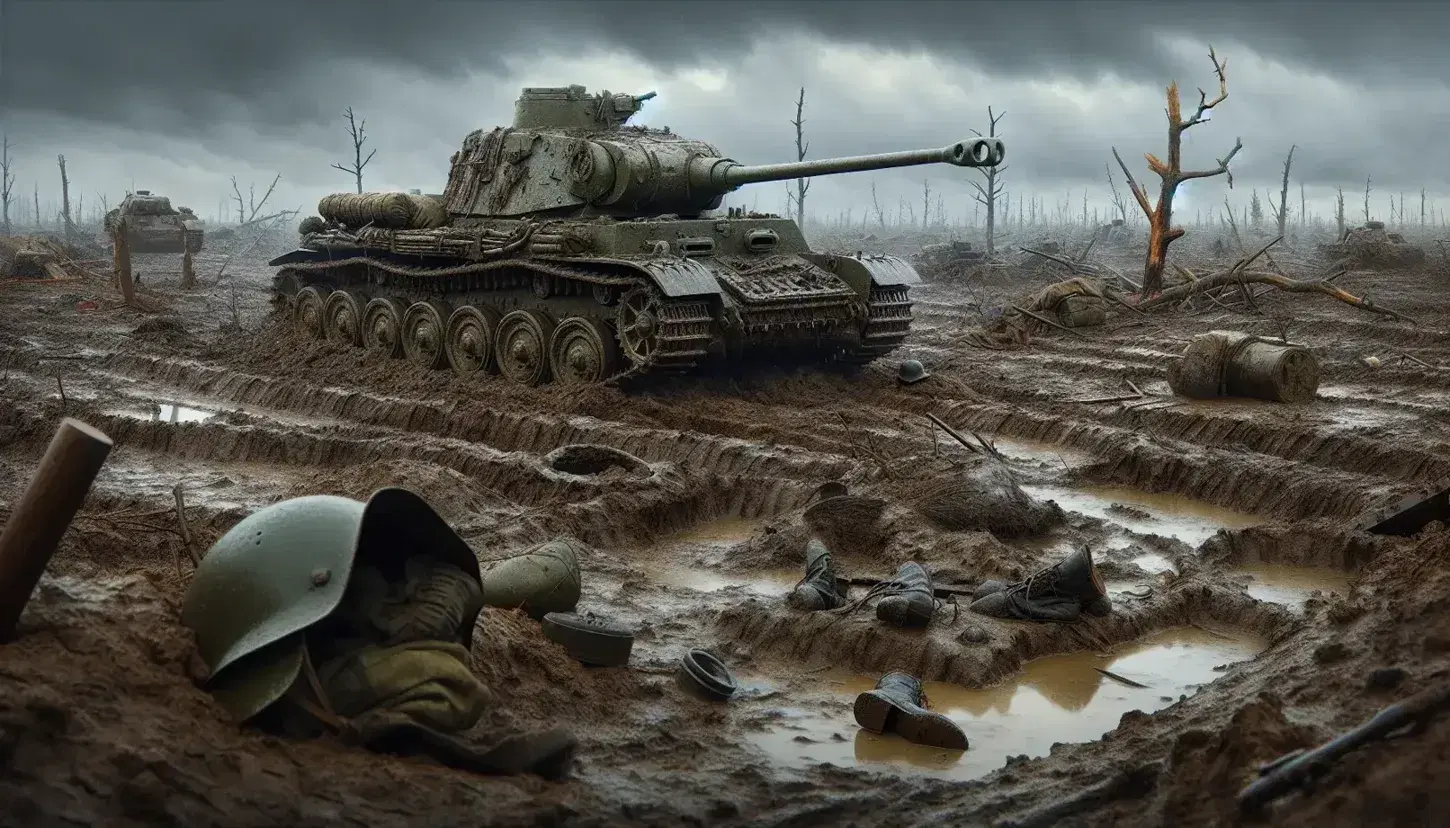 Carro armato verde oliva della Seconda Guerra Mondiale in un campo di battaglia desolato, con crateri e alberi danneggiati sotto un cielo grigio.