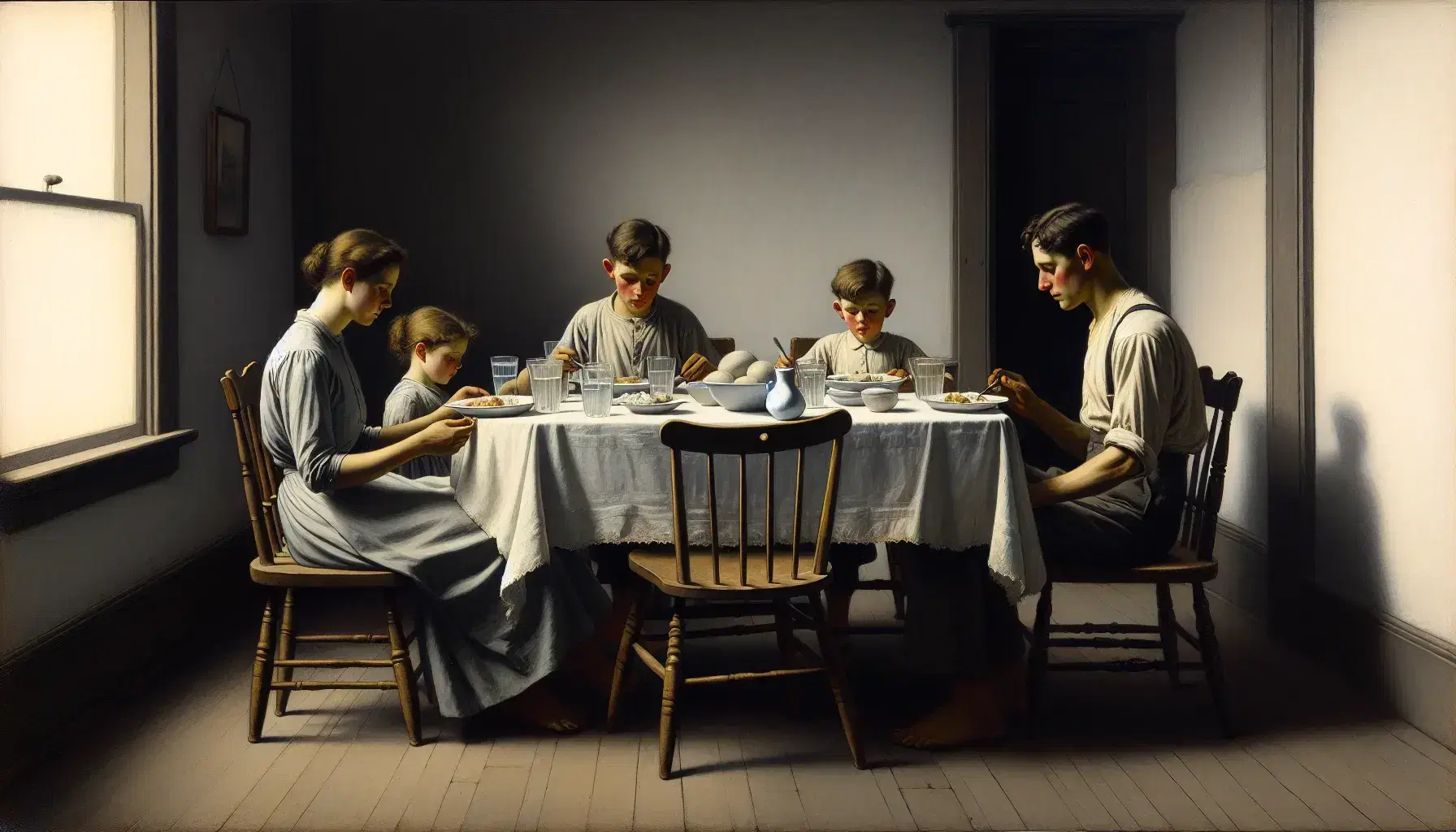 Family of four having a simple meal around a modest table in a spartan room, with earthy tones and soft lighting.