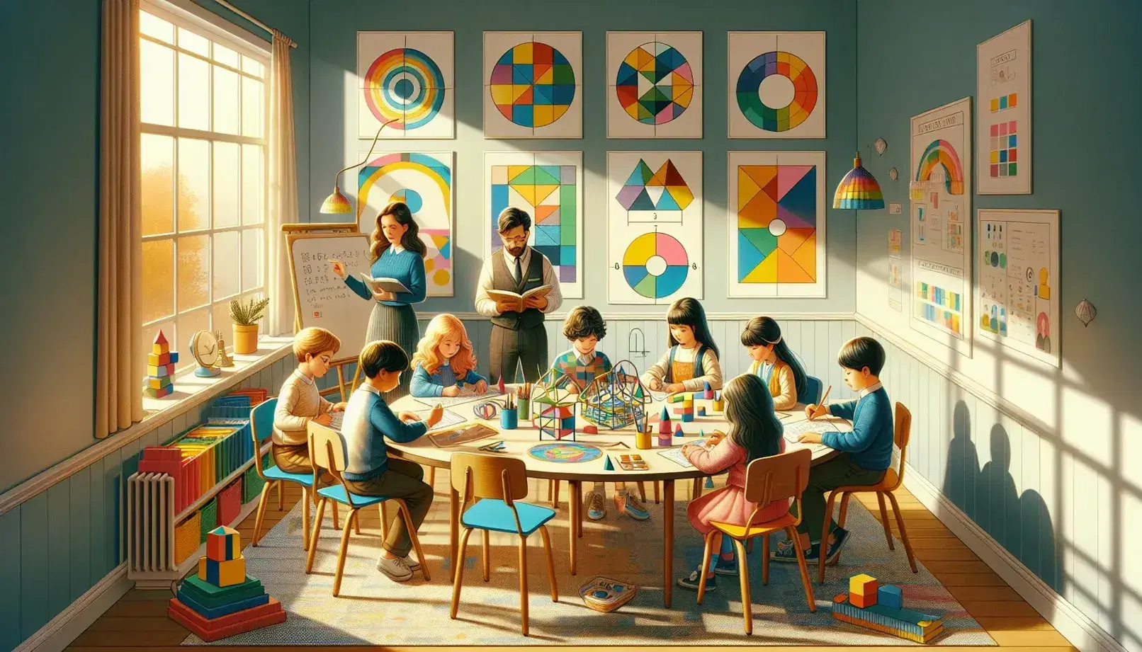 Aula colorida con cinco estudiantes en mesa redonda realizando diversas actividades educativas y un docente observando, iluminada por luz natural.