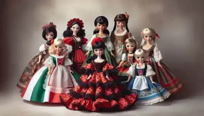 Collection of traditional dolls in cultural costumes, with Spanish in red flamenco dress, Italian in tricolor dress and German in blue and white dirndl.