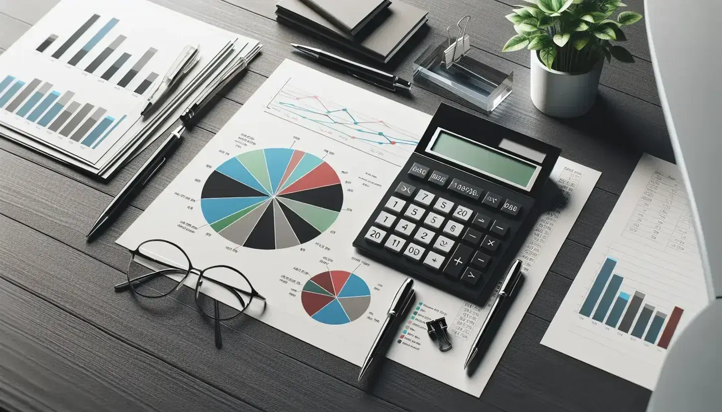 Escritorio de oficina con calculadora, gráficos de barras y líneas, gráfico circular sin texto y bolígrafos, junto a una planta verde.