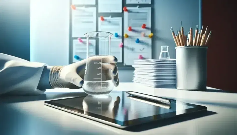 Gloved hands hold a glass flask with transparent liquid on white table with tablet and sheets, background with noticeboard and colored pins.