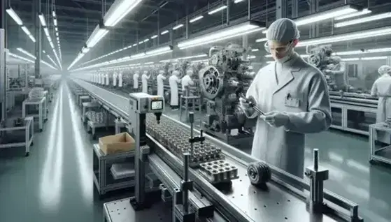 Trabajador en fábrica inspeccionando pieza metálica con calibre en línea de ensamblaje, rodeado de maquinaria y otros operarios con equipo de seguridad.