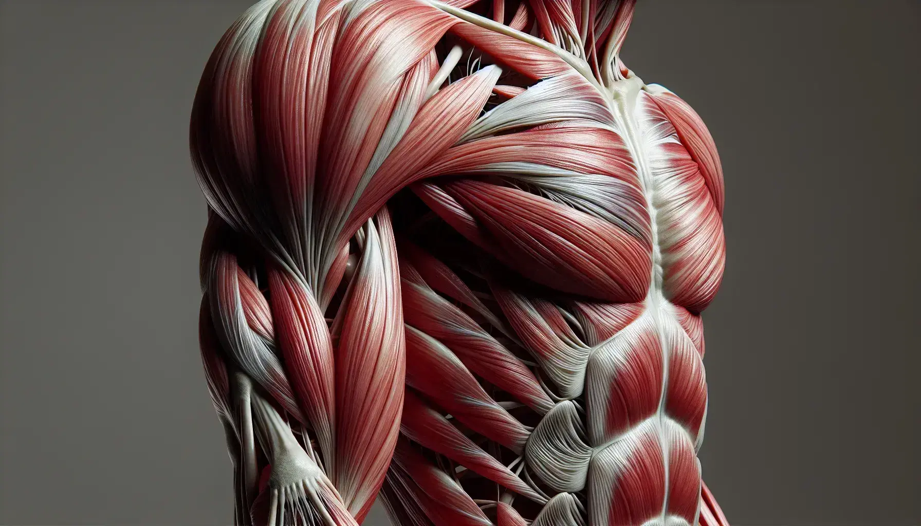 Vista detallada de la anatomía muscular del brazo humano con músculos en contracción, mostrando bíceps y tríceps y sus inserciones tendinosas.