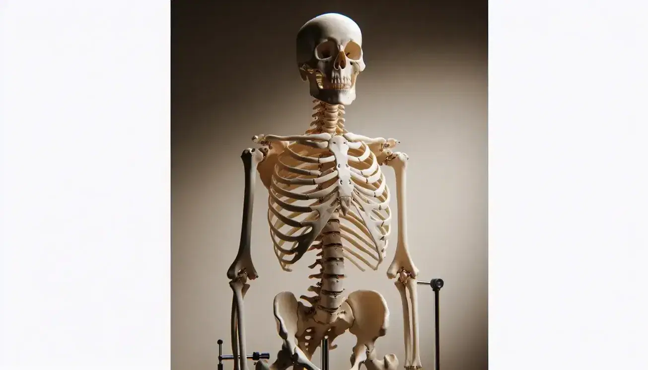 Scheletro umano completo su supporto con ruote in aula di anatomia, con dettagli ossei ben visibili e postura eretta.