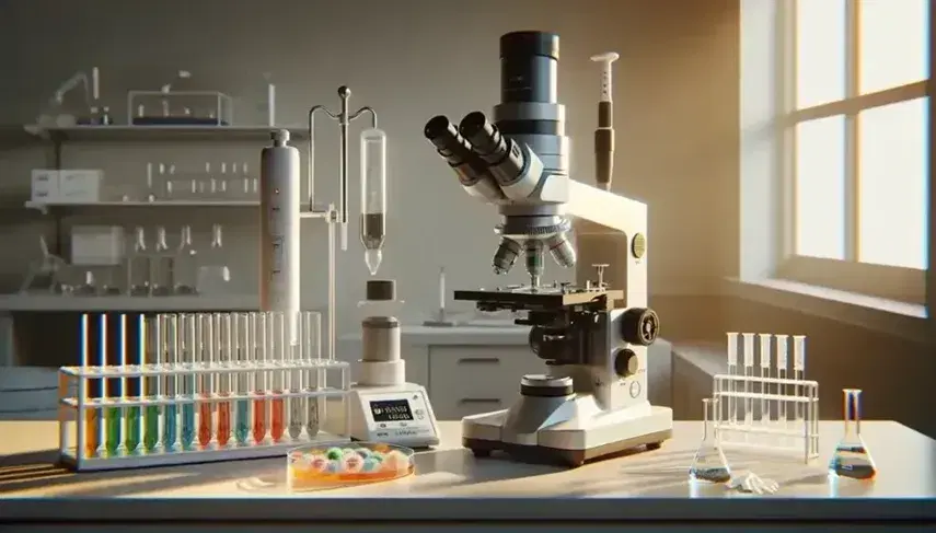 Microscopio electrónico en laboratorio con tubos de ensayo de colores, pipeta automática y plato de Petri sobre mesa de trabajo, reflejando precisión y orden.