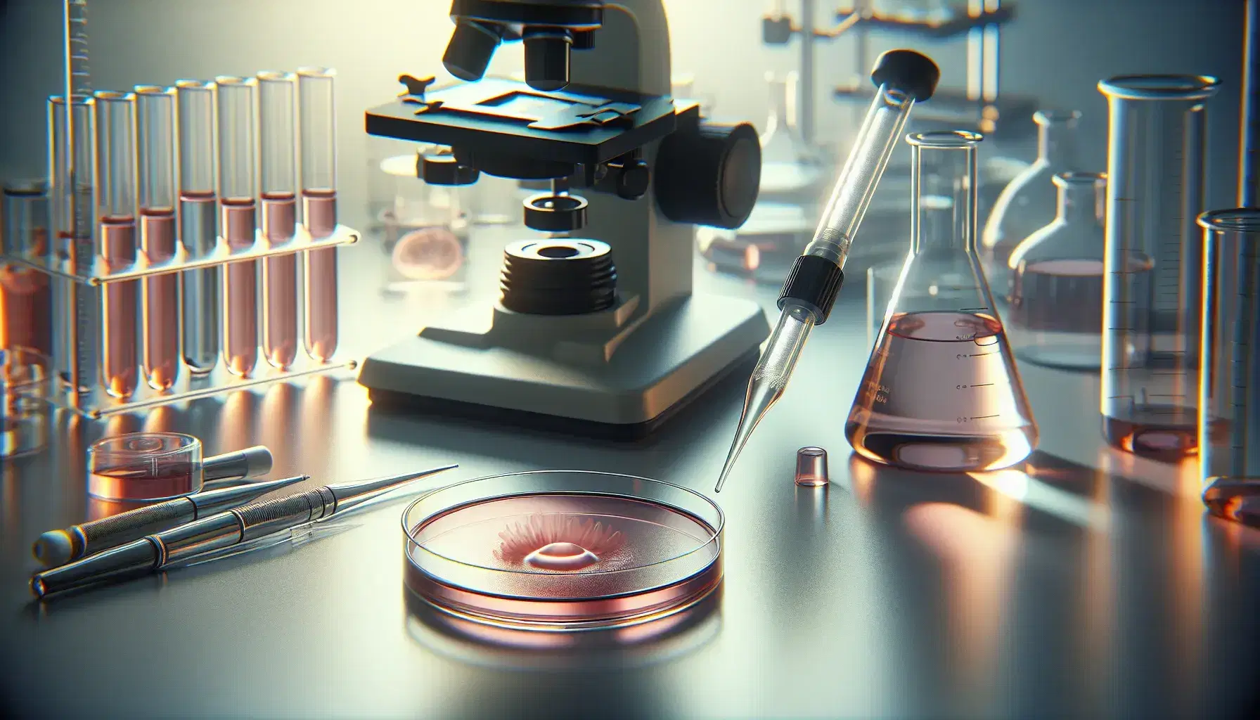 Close-up of a laboratory bench with petri dishes containing pink-red culture medium, pipette, microscope and Erlenmeyer flasks with amber liquid.