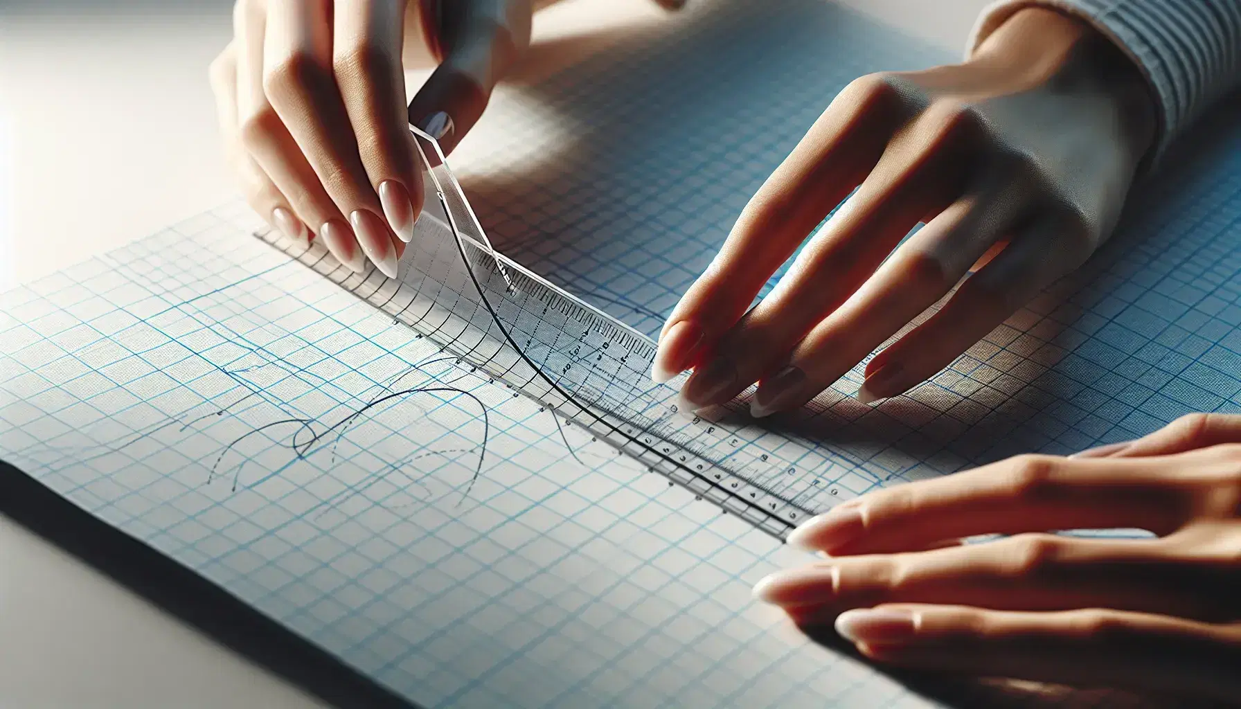 Hands holding a transparent graphing ruler over graph paper with a bold curve and shaded area, aligning with precision on the grid.