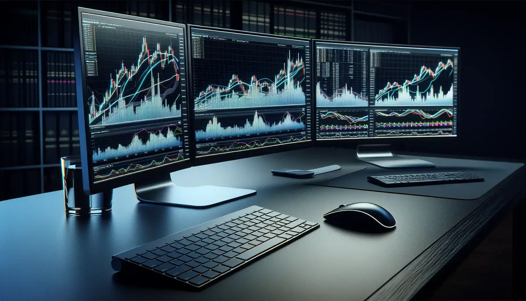 Financial trader's desk with a keyboard, mouse, and four monitors displaying colorful graphs, surrounded by blurred figures of colleagues in a stock exchange.