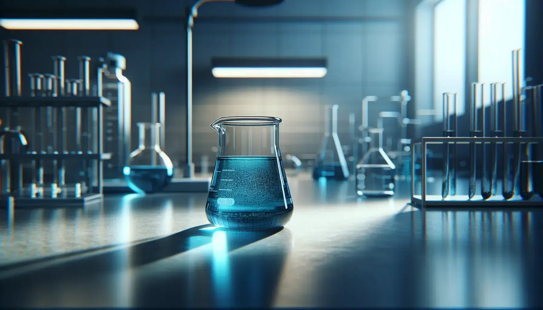 Becher di vetro su banco laboratorio con soluzione acquosa blu, riflessi di luce, sfondo sfocato con attrezzature da laboratorio.