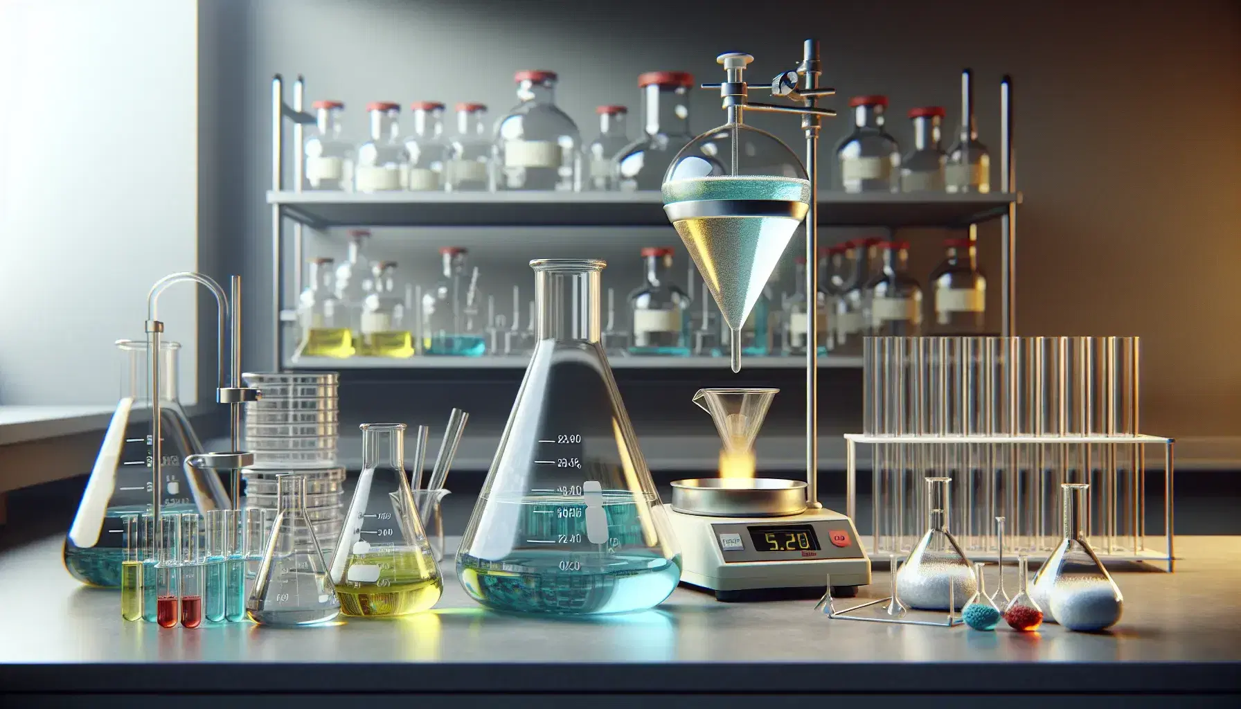 Laboratorio de química con matraz Erlenmeyer de líquido azul, embudo de separación, mechero Bunsen encendido y balanza analítica digital.