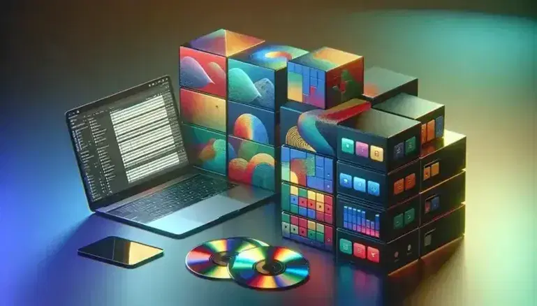 Cajas de software apiladas en formación escalonada con diseños geométricos abstractos junto a un portátil con interfaz gráfica y discos ópticos reflectantes.