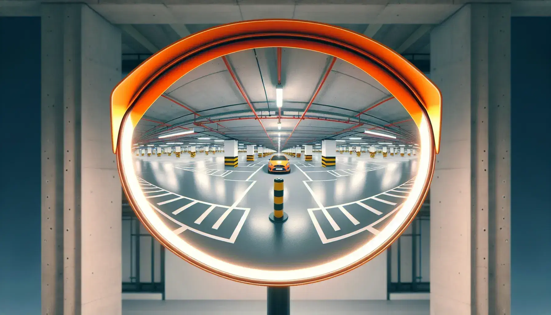 Convex mirror with orange frame on black pole reflects a wide-angle view of an indoor parking garage with parked cars and fluorescent lighting.