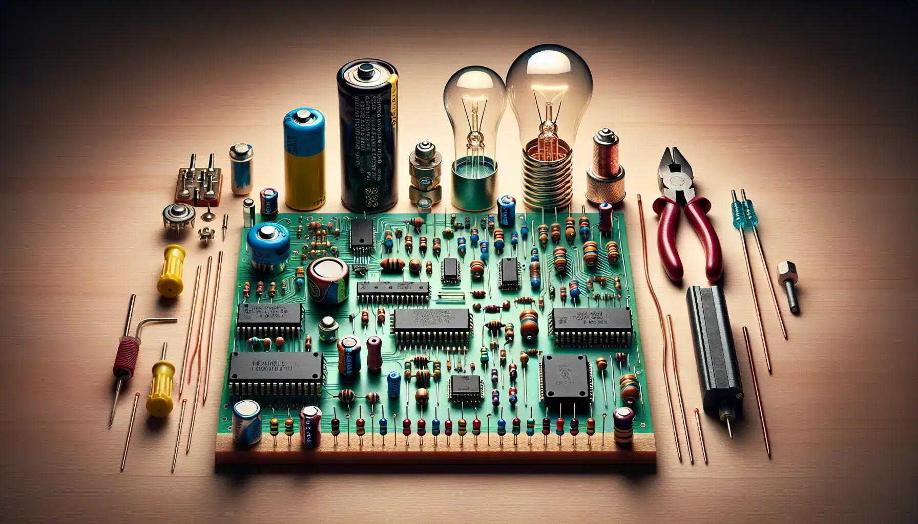 Componentes electrónicos en superficie de madera con placa de circuito, resistencias, capacitores, microchip, batería, motor eléctrico y bombillas.