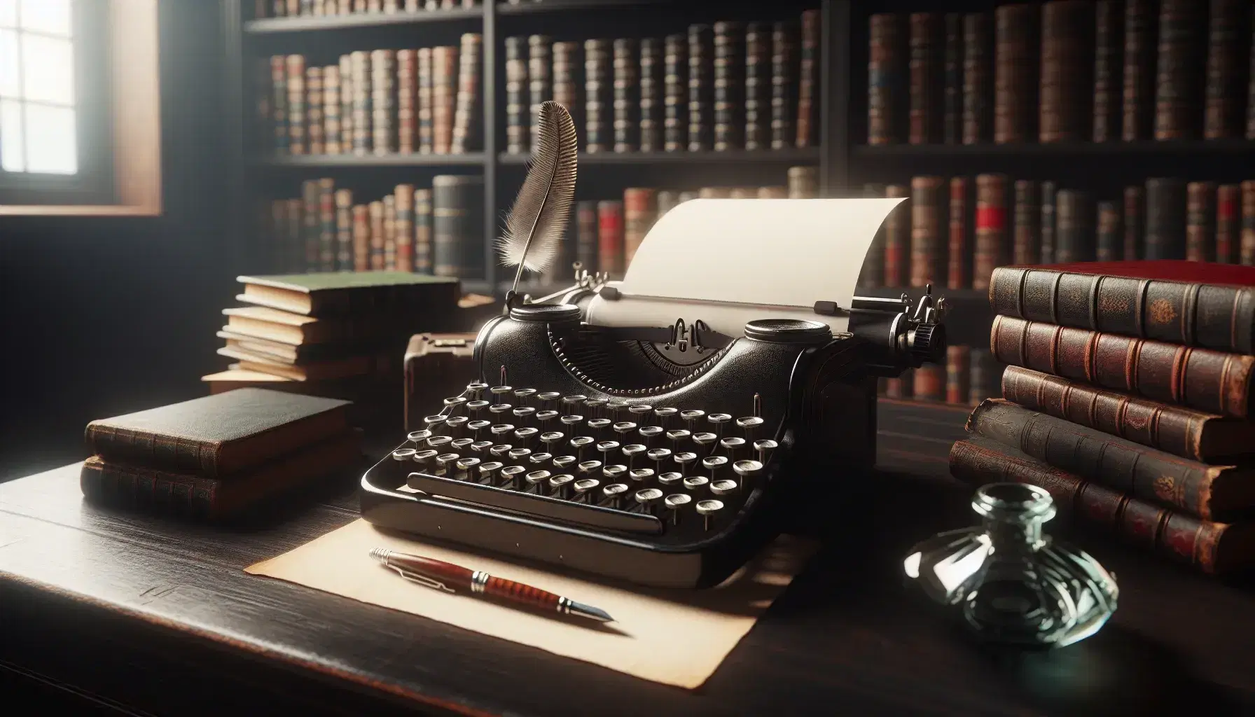 Máquina de escribir antigua con teclas blancas sobre mesa de madera oscura, papel en blanco, tintero de cristal y pluma junto a estantería de libros encuadernados en cuero.