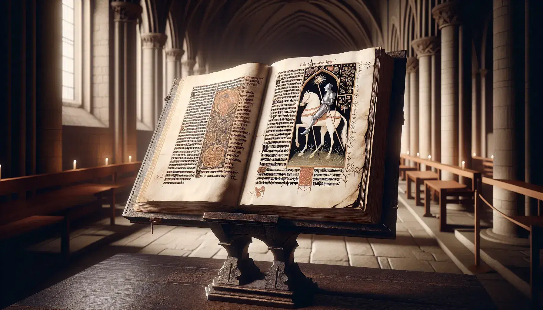 Manoscritto medievale su leggio in biblioteca antica con illustrazione cavaliere armato a cavallo, inchiostro e penna d'oca accanto.