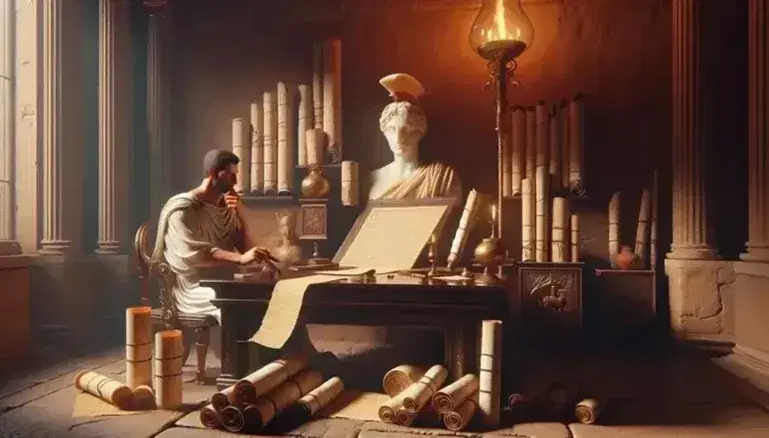 Biblioteca romana antica con tavolo in legno, rotoli di papiro, statuetta di Minerva e uomo in toga che studia uno scritto.