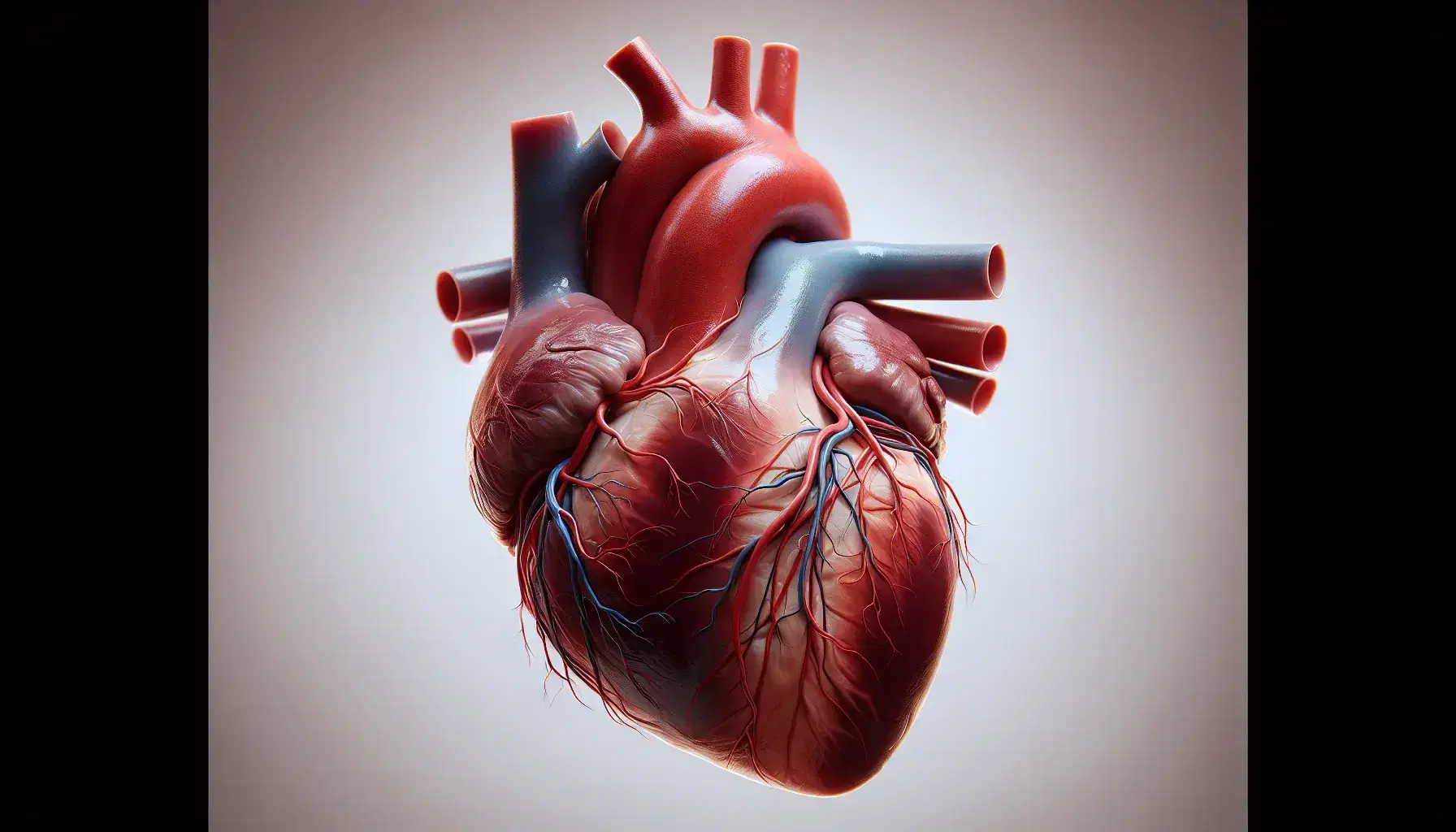 Cuore umano realistico dettagliato con arterie rosse e vene blu su sfondo neutro, inclinato a sinistra, senza testo, per uso didattico.