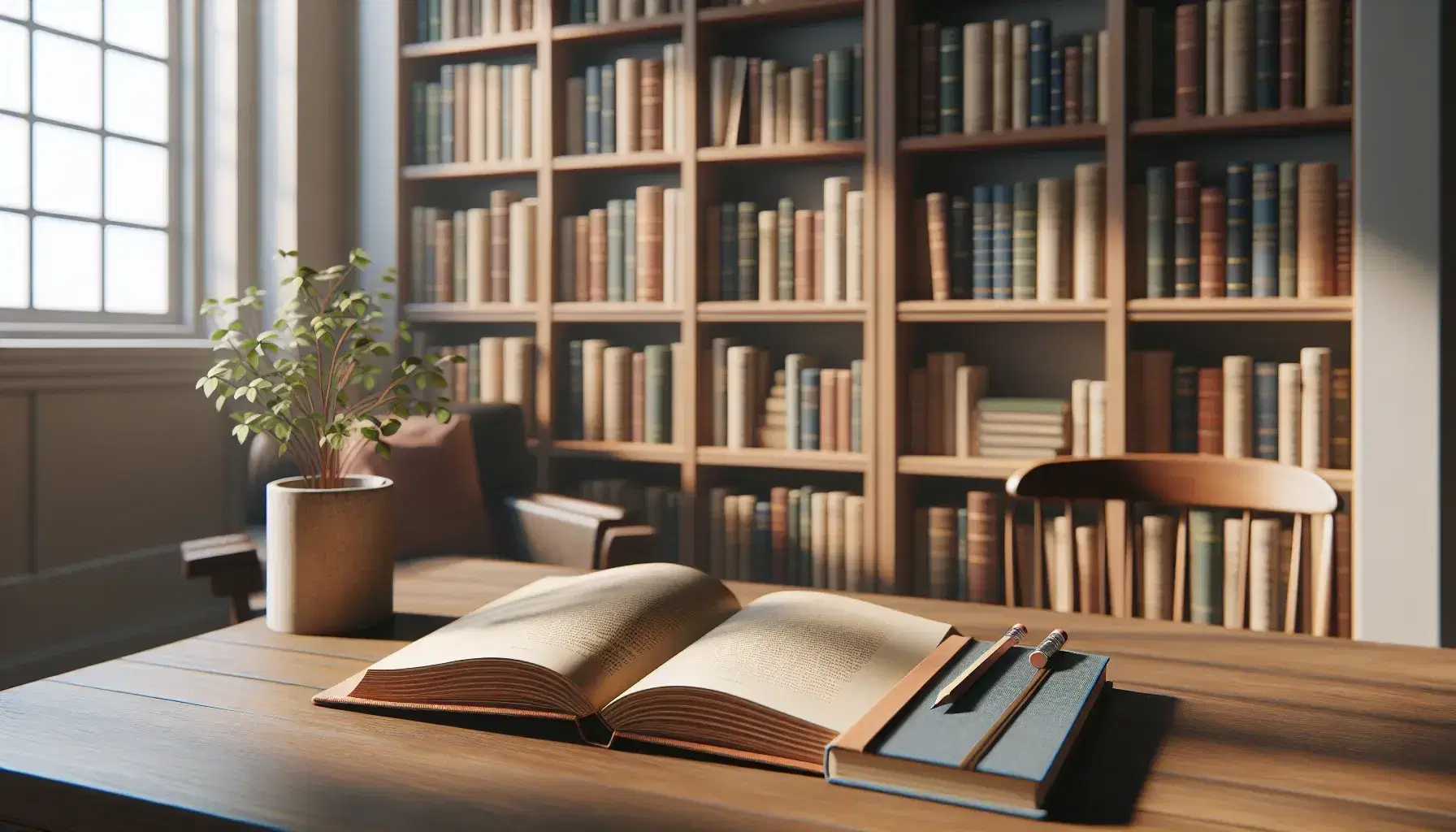 Biblioteca luminosa con estanterías de madera llenas de libros, mesa con libro abierto, lápiz y cuaderno azul, planta con flores amarillas y silla con cojín rojo.