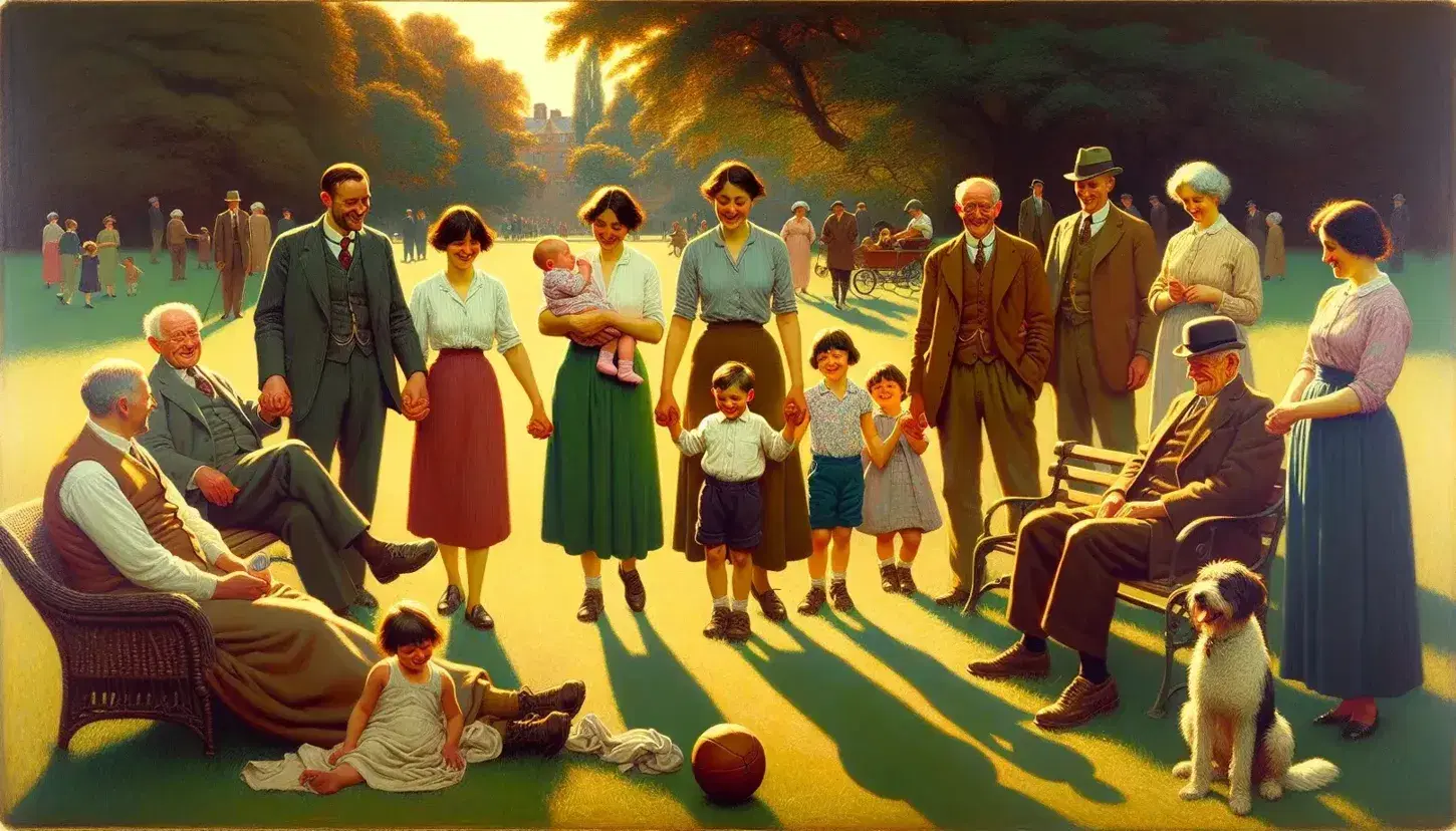 Famiglia felice in parco con bambini che giocano, donne che chiacchierano, neonato in braccio e anziano con cane su panchina.