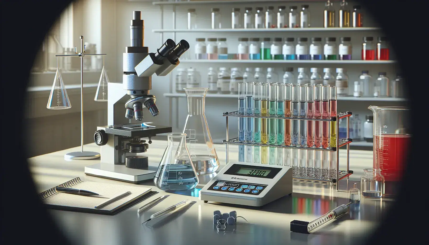 Escena de laboratorio con microscopio, tubos de ensayo con líquidos de colores, balanza analítica y científico al fondo.