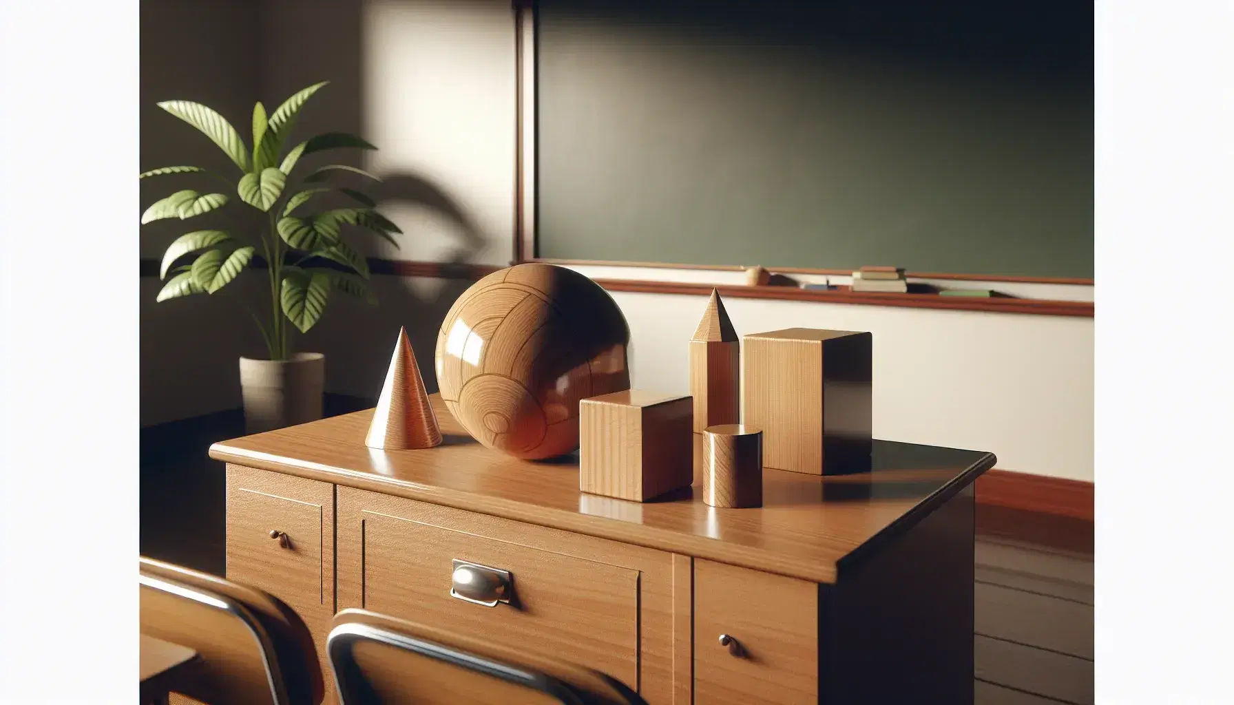 Wooden teacher's desk with geometric shapes, clean chalkboard, potted plant, and textbooks topped with a red apple in a sunlit classroom.