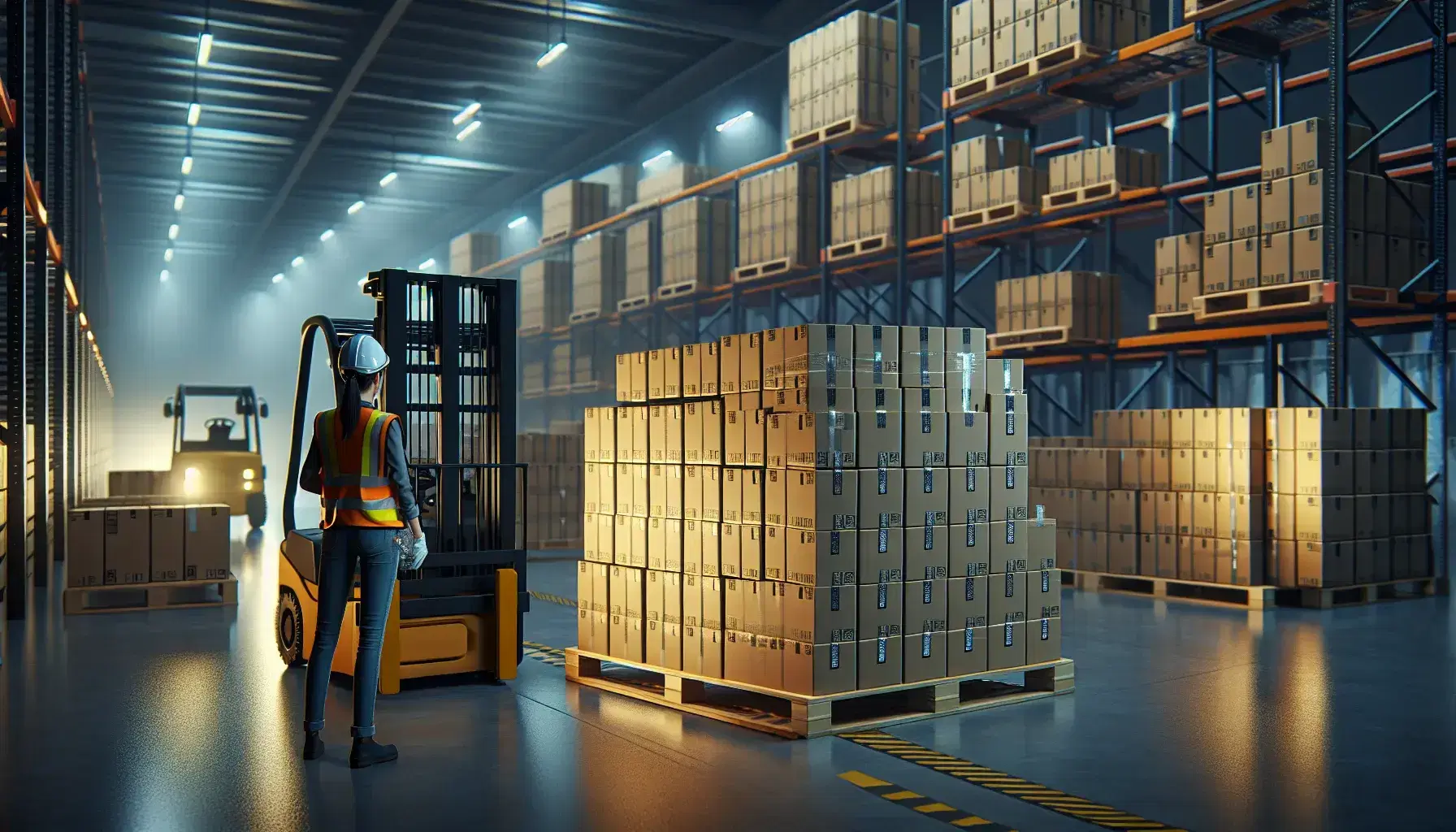 Escena de almacén logístico con palets de cartón apilados, montacargas amarillo y trabajadora con chaleco reflectante y casco revisando inventario.