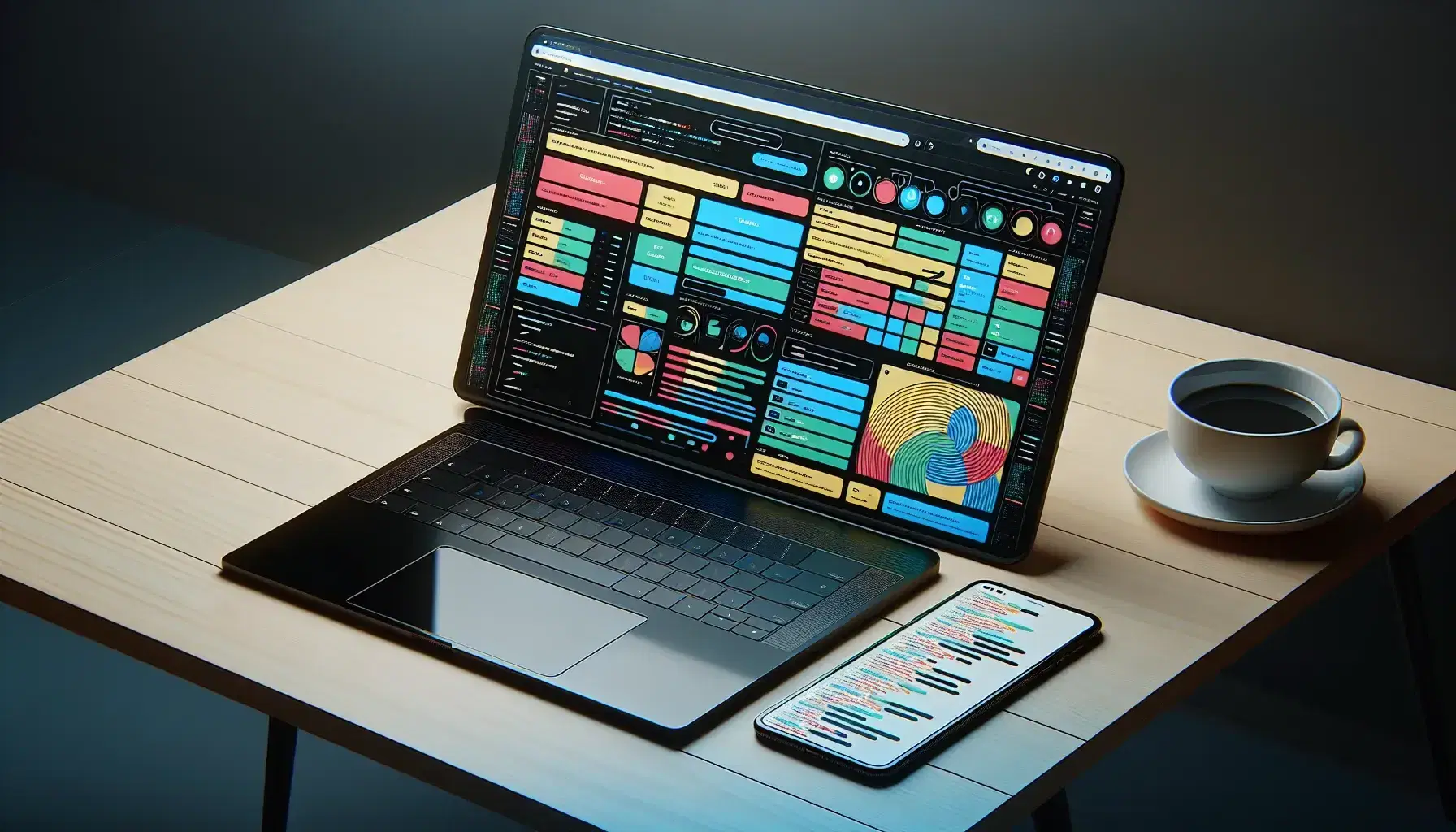 Modern laptop on light wooden desk with split screen between colorful web page layout and abstract shapes, next to smartphone and cup of coffee.