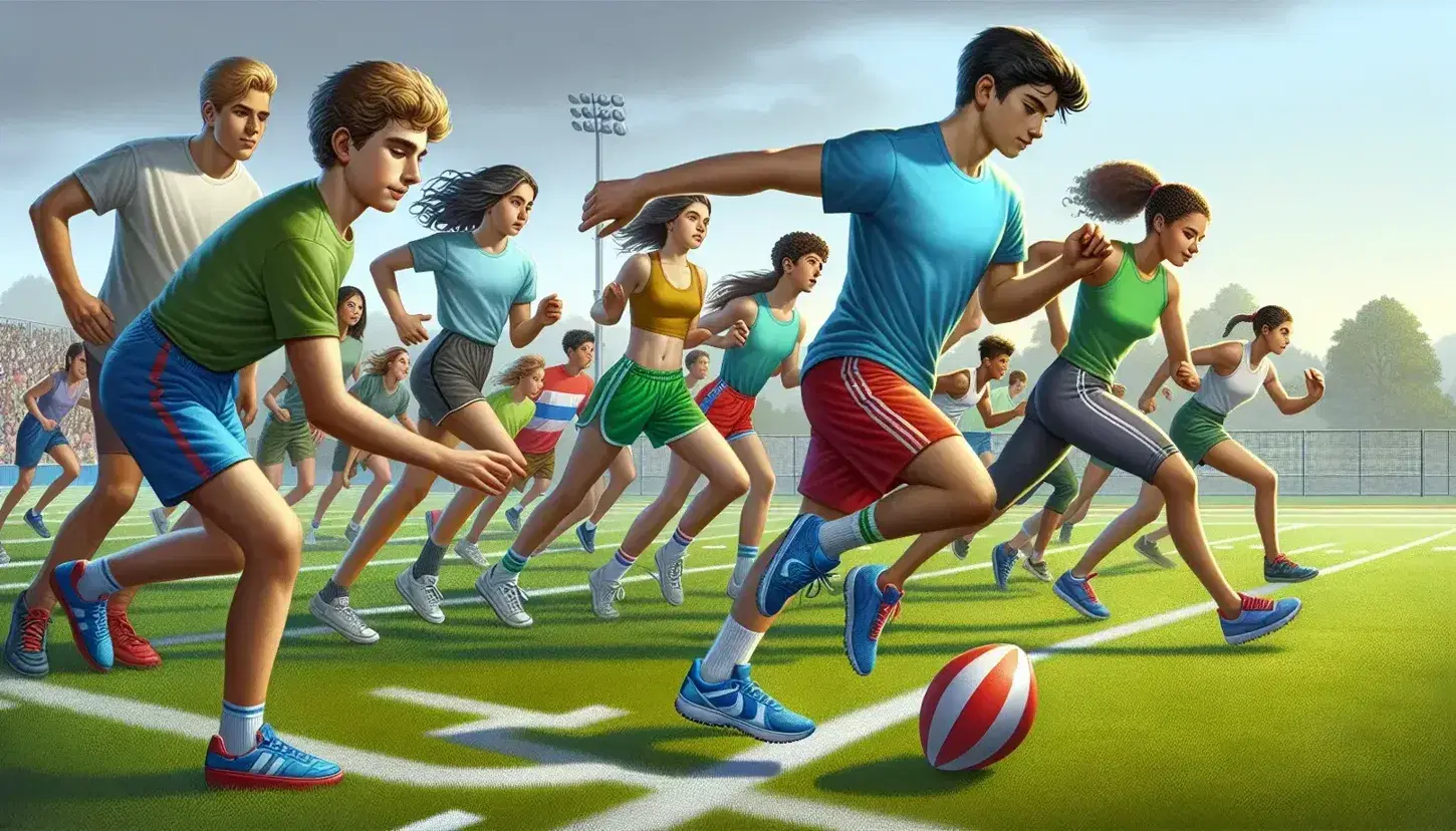 Estudiantes de diversas edades y etnias participan en actividades deportivas al aire libre, pasando un balón y corriendo en una pista, bajo la supervisión de adultos.