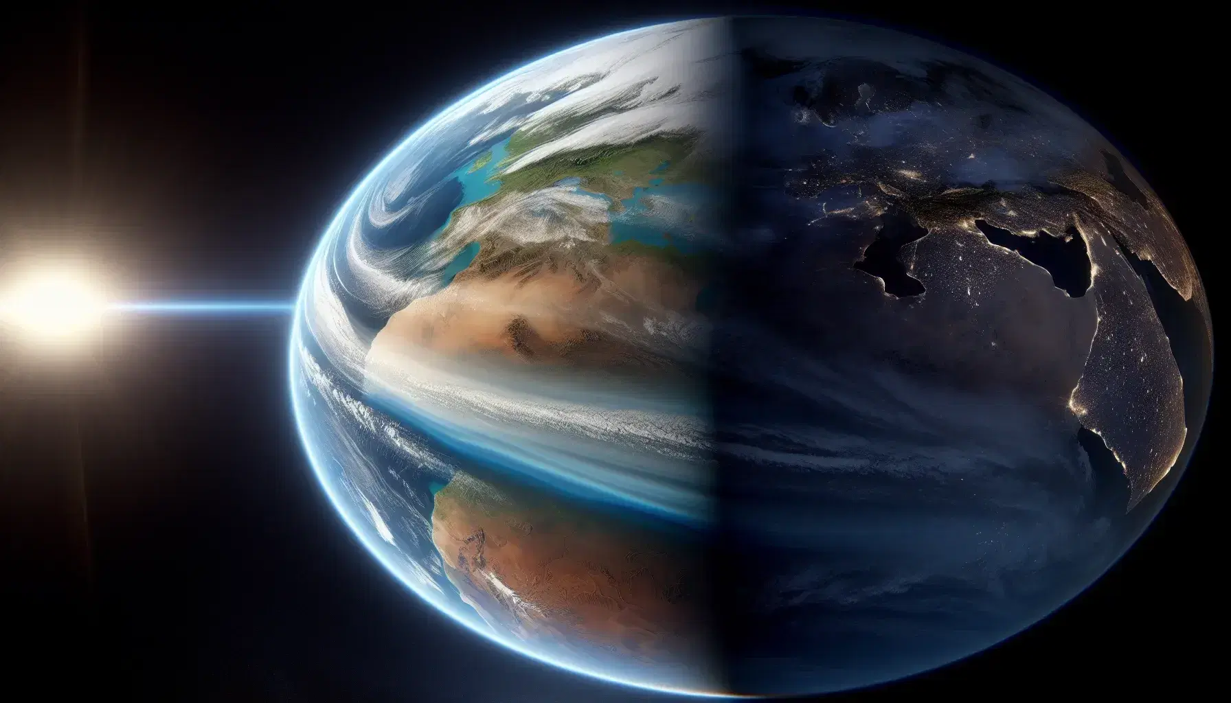 Vista panorámica de la Tierra desde el espacio destacando la delgada capa atmosférica azul y la curvatura terrestre iluminada por el sol.