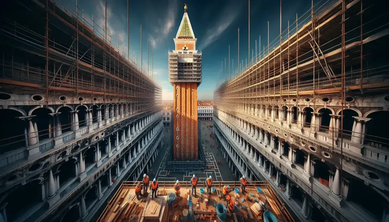 Restauro del Campanile di San Marco a Venezia con operai su impalcature, contro cielo azzurro senza nuvole.