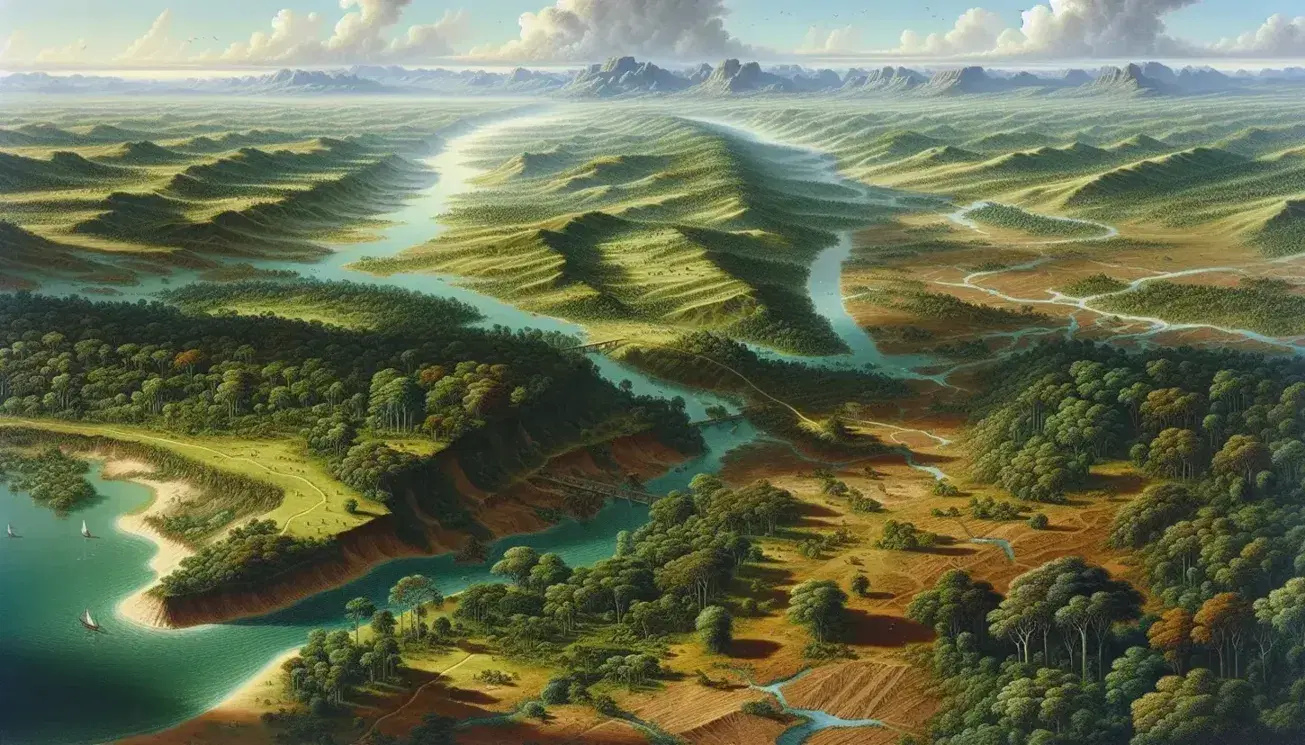 Paisaje natural con colinas onduladas, río serpenteante, vegetación frondosa y montañas al fondo bajo un cielo parcialmente nublado.