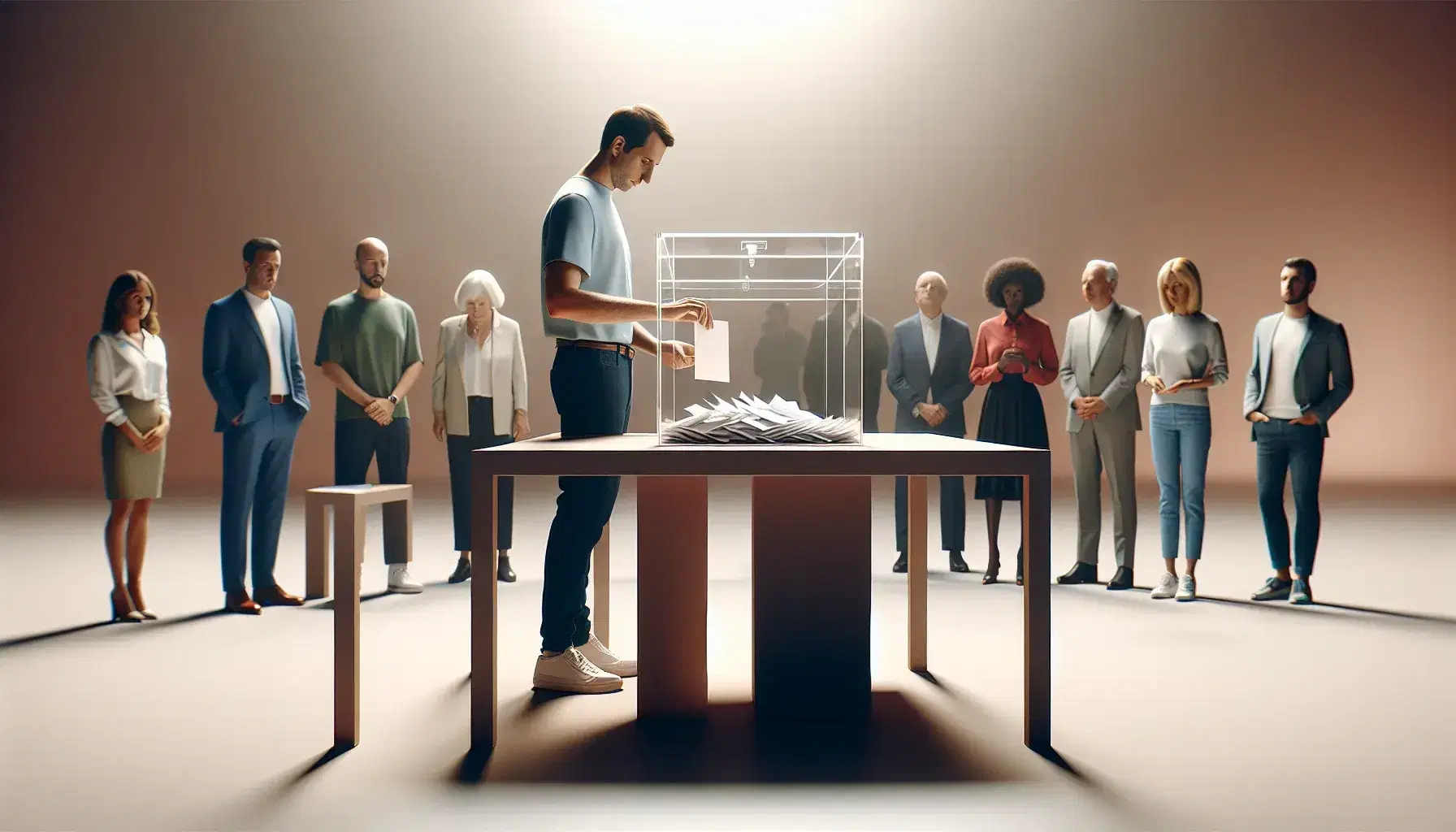 Grupo diverso de personas votando alrededor de una urna transparente en una mesa marrón claro, enfocando el acto cívico de participación.