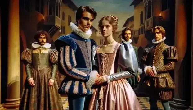 Elizabethan theatrical representation with Romeo in a blue double-breasted suit and Juliet in a pink satin dress, a painted Verona in the background.