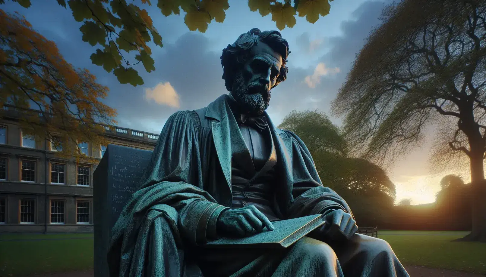 Statua in bronzo di filosofo seduto in posa riflessiva con libro aperto, in contesto esterno con alberi e cielo al tramonto.