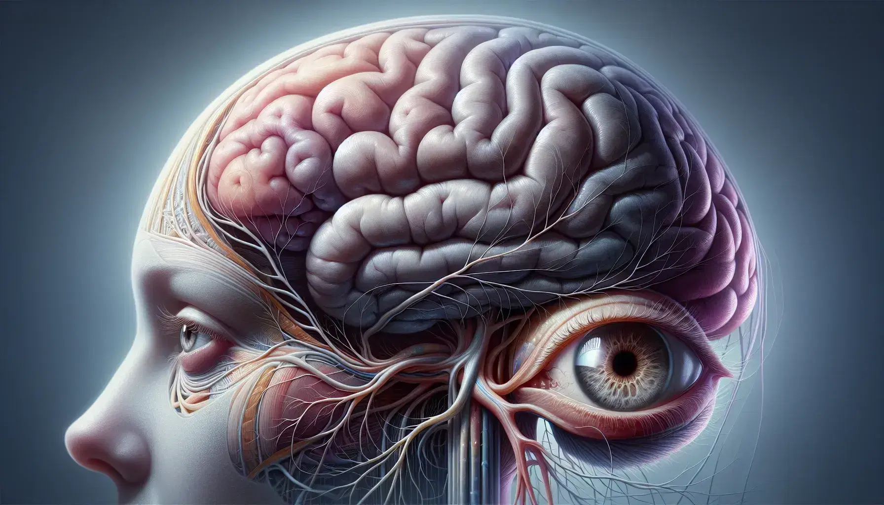 Cerebro humano en vista lateral con textura arrugada y nervios extendidos, ojo marrón con pupilas y pestañas, y oreja detallada sobre fondo azul-violeta.